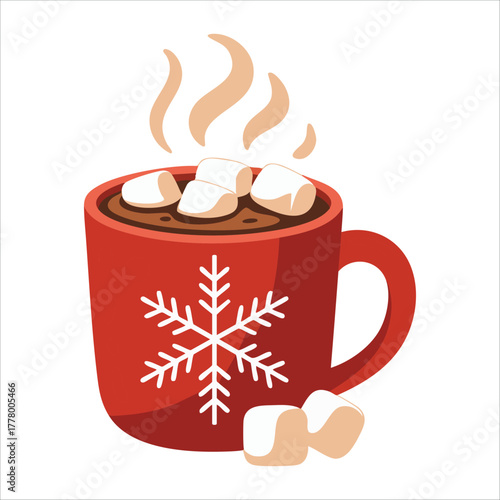 festive Christmas cocoa with marshmallows in ceramic cup vector art isolated on white background