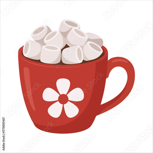 festive Christmas cocoa with marshmallows in ceramic cup vector art isolated on white background