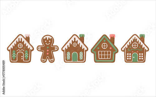Christmas gingerbread houses with colorful candy decorations vector art isolated on white background