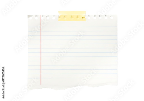 Torn lined paper note isolated on transparent background, taped at the top edge