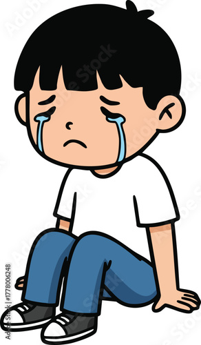 Sad little boy sitting crying with tears running down face in casual clothes vector illustration 