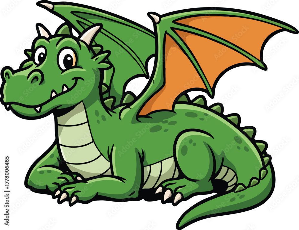 Fototapeta premium Green dragon with orange wings cartoon character vector illustration for fantasy and children’s stories design 