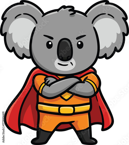 Koala superhero character in orange costume with red cape crossing arms vector illustration 