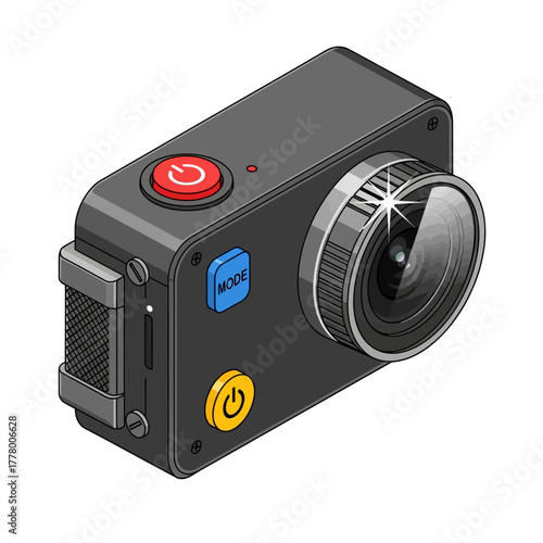 Modern Isometric Vector Illustration of Action Camera with Colored Buttons and Lens