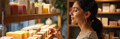 Woman smelling handmade soap displayed on wooden shelves in shop, assortment of bars of natural soap displayed. Handmade soap selection for skincare and wellness.