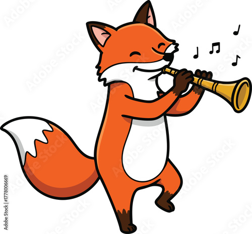 Fox playing clarinet cartoon character with musical notes vector illustration in orange and white colors 