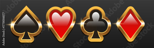 Card suit. 3D card suit in a gold frame. Vector illustration isolated on a dark background.