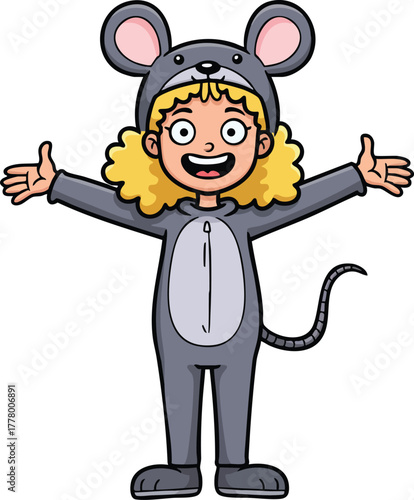 Child with curly hair in gray mouse costume arms open happy expression vector illustration 
