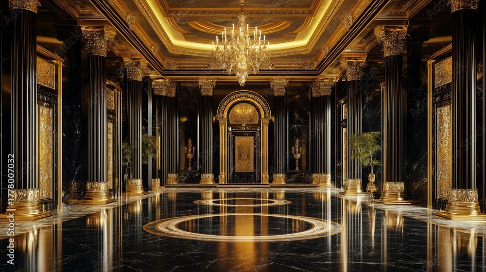 Fototapeta premium Elegant black palace hall with golden details and marble flooring