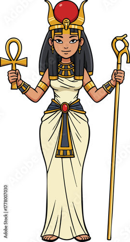 Ancient Egyptian goddess Isis holding ankh and staff vector illustration in traditional attire with crown and jewelry 