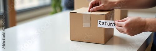 Preparing package return with cardboard box and paper label. Box return handled with care, hands applying label to indicate product return, box is sealed and ready for shipment.