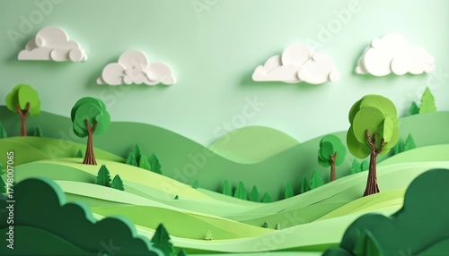 Abstract paper art illustration landscape featuring green hills, trees and clouds. Artistic design shows generative AI landscape with cut paper. Creative art background with minimalistic style.
