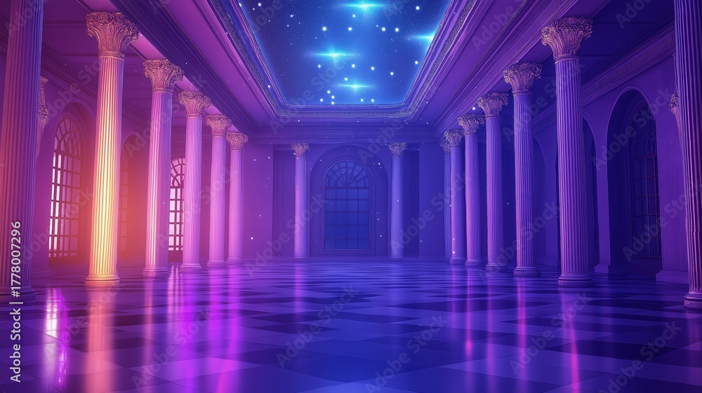 Naklejka premium Vibrant purple palace illuminated by glowing hues in a surreal fantasy interior