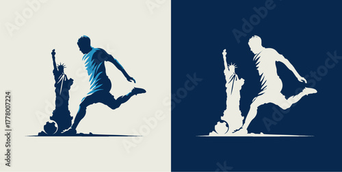 Soccer player silhouette with Statue of Liberty symbolizing USA sports pride and national identity