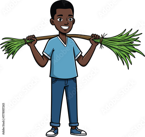 Boy holding green leafy plants across shoulders with cheerful expression in casual clothes vector illustration 
