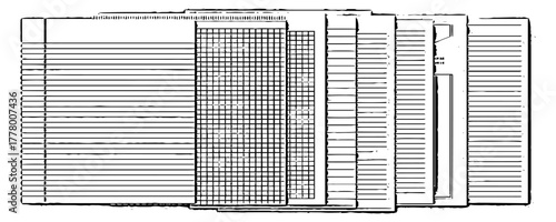 Stack of Old Notebooks and grunge Graph Paper on Desk for Study, Writing, Planning  learning and creative drafting grid paper sheets on a textured surface.