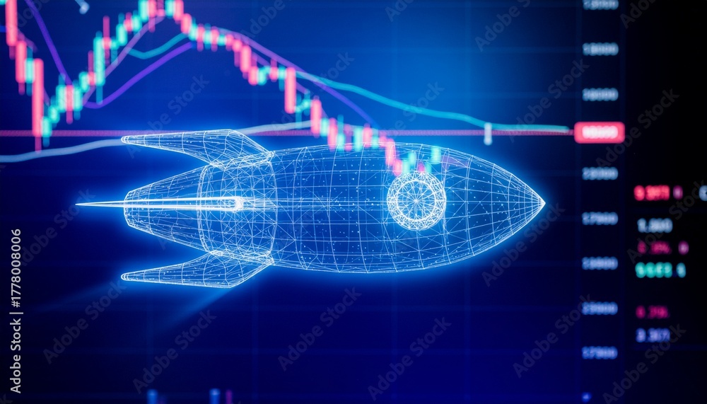 Naklejka premium Rocket soaring amidst stock market data, symbolizing growth and investment