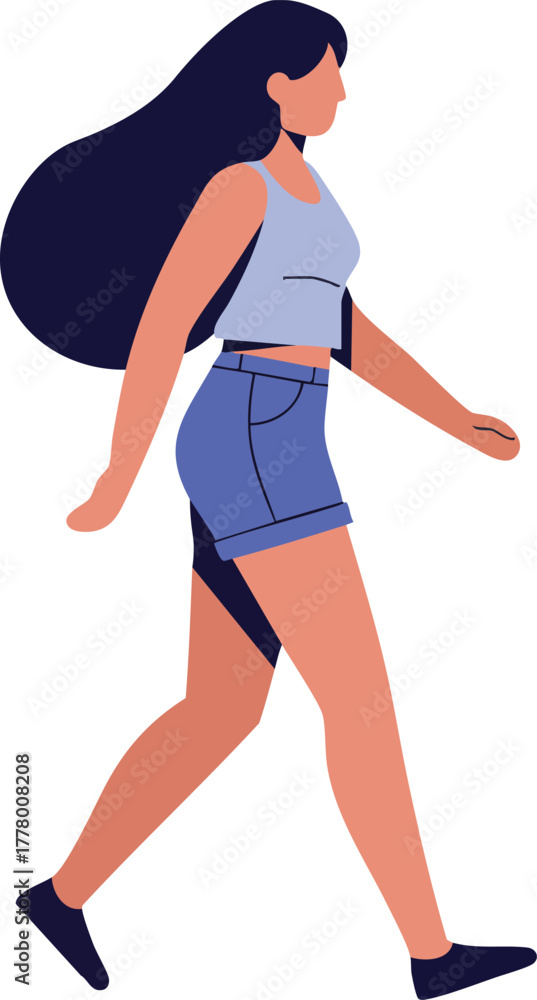 Fototapeta premium Woman walking in casual summer outfit with long dark hair and shorts vector illustration 