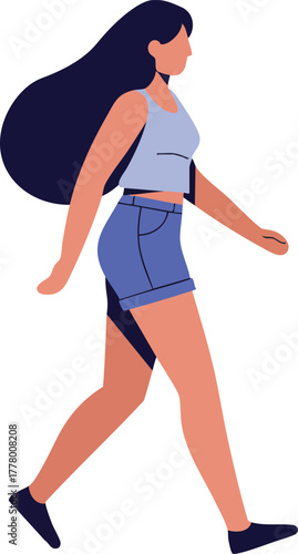 Woman walking in casual summer outfit with long dark hair and shorts vector illustration 