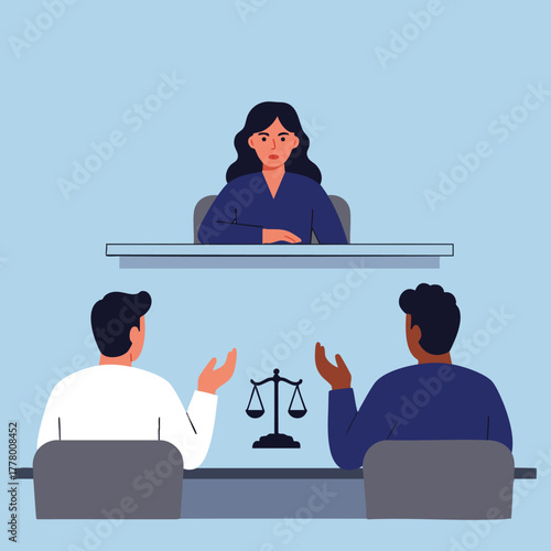 Female judge presiding over legal discussion with two men and scale of justice vector illustration 