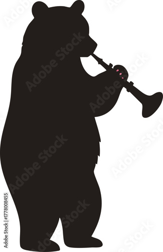Bear playing clarinet silhouette vector illustration for music and wildlife themes in black color 