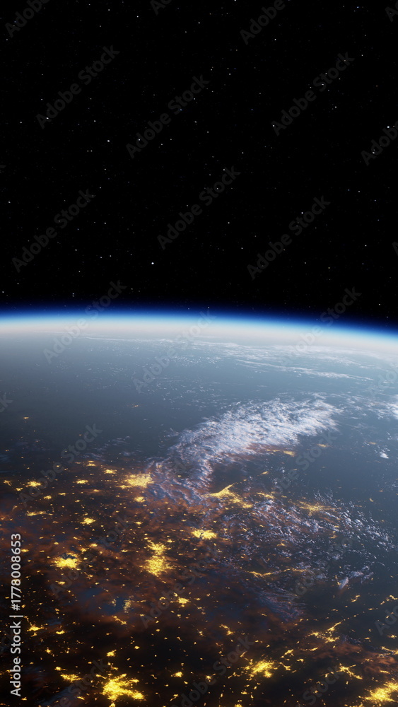 Obraz premium This stunning view captures the curvature of Earth from space, highlighting city lights glowing below and clouds drifting in the night sky, creating a breathtaking contrast against the darkness.