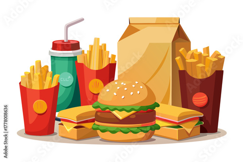 Delicious fast food set with hamburger, fries, and takeout containers next to brown paper delivery bag, isolated on white background, modern junk concept.