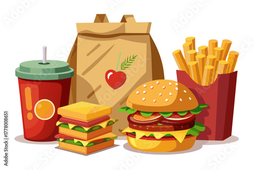 Delicious fast food set with hamburger, fries, and takeout containers next to brown paper delivery bag, isolated on white background, modern junk concept.