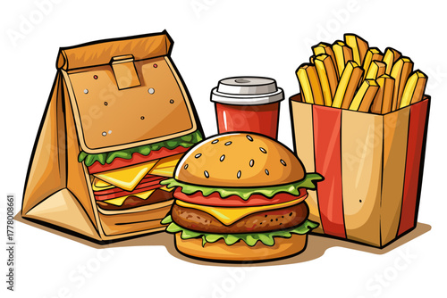Delicious fast food set with hamburger, fries, and takeout containers next to brown paper delivery bag, isolated on white background, modern junk concept.