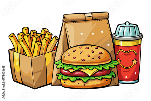 Delicious fast food set with hamburger, fries, and takeout containers next to brown paper delivery bag, isolated on white background, modern junk concept.