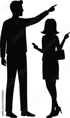 Silhouettes of man and woman pointing in direction with casual posture vector illustration 