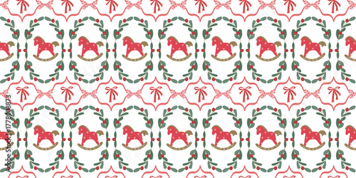 Festive seamless pattern with red rocking horses, mistletoe wreaths, and bows ribbon in coquette style in traditional Christmas colors. Wrapping paper, textiles, cards, and decoration projects, cover
