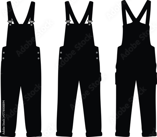 Black overall clothing vector set front and back view silhouette illustration design for fashion and apparel design ideas 