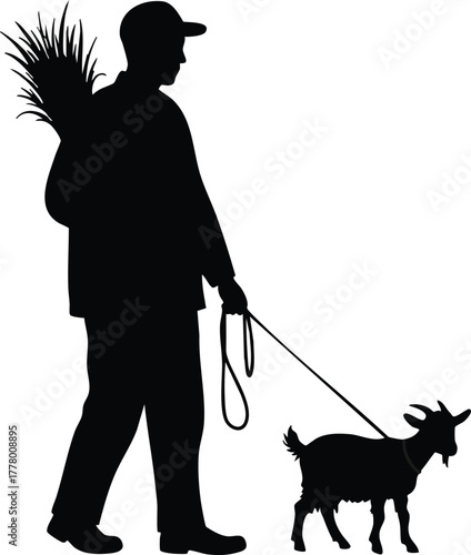 Farmer walking with goat on leash carrying grass or hay vector silhouette illustration 