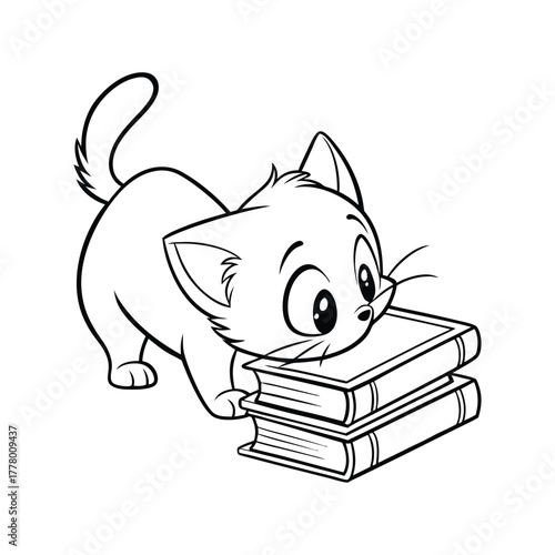 A baby kitten sniffs around a stack of books eyes19.eps