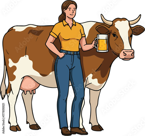 Woman holding glass of milk standing next to brown and white dairy cow vector illustration natural farm scene 