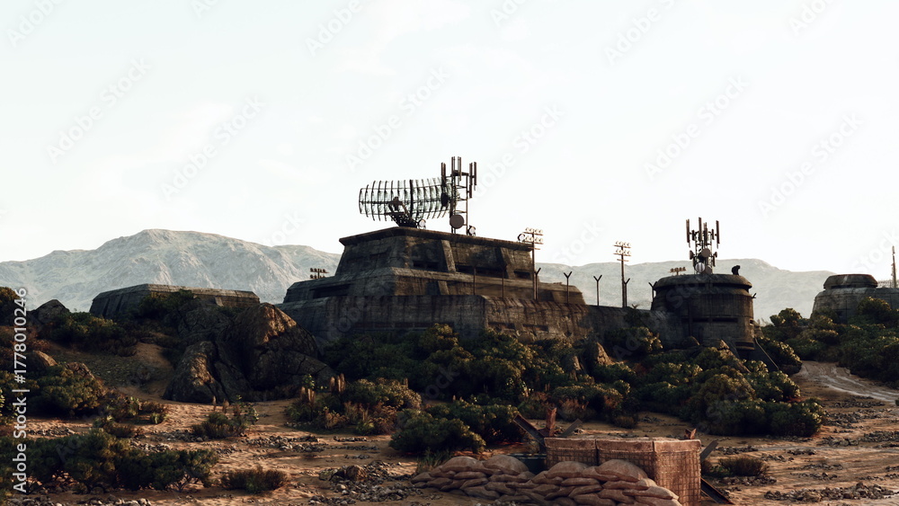 Obraz premium Abandoned telecommunications towers rise above a barren landscape, surrounded by rocky mountains and sparse vegetation under a clear sky during daylight.