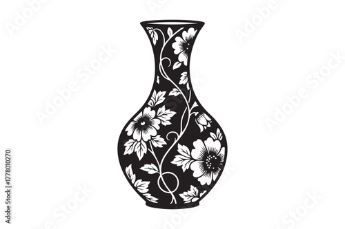 Elegant black and white vase with floral vine design