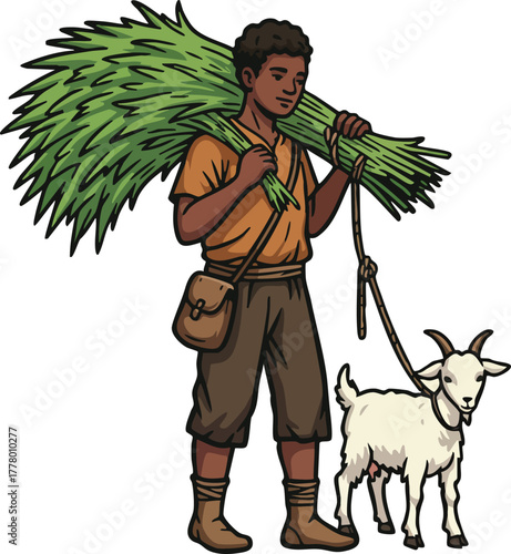 Young farmer carrying green fodder with white goat standing beside rural farming lifestyle vector illustration 