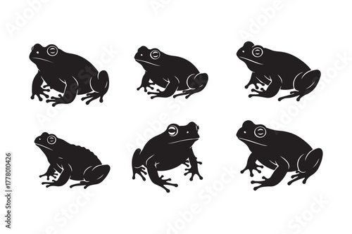 Six black frogs silhouettes on a white background