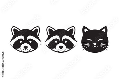 Three cute animal faces raccoon and cat illustration