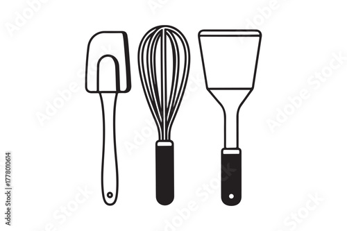 Simple line art of three essential kitchen utensils for baking and cooking