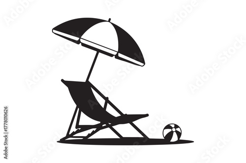 Silhouette of a beach chair and umbrella with a soccer ball