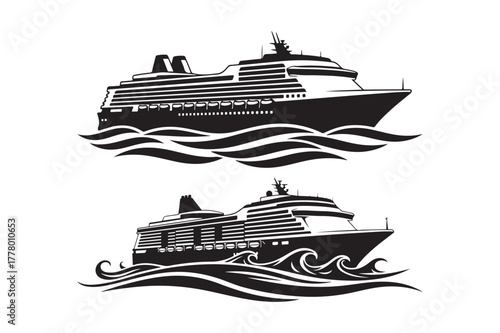 Two stylized cruise ships sailing on wavy seas
