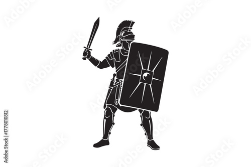 Silhouette of a roman soldier holding a sword and shield