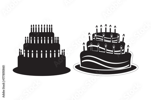 Two black silhouette birthday cakes with candles