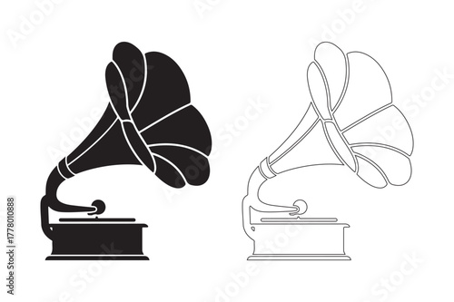 Vintage gramophone silhouette and outline illustration