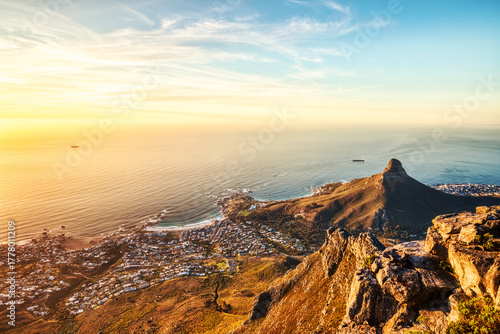 Cape Town Sunset Aerial View from Table Mountain over Camps Bay, Lion's Head and Twelve Apostles in the Background