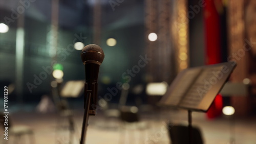 Fotografi A microphone stands ready on stage, surrounded by music stands and empty chairs