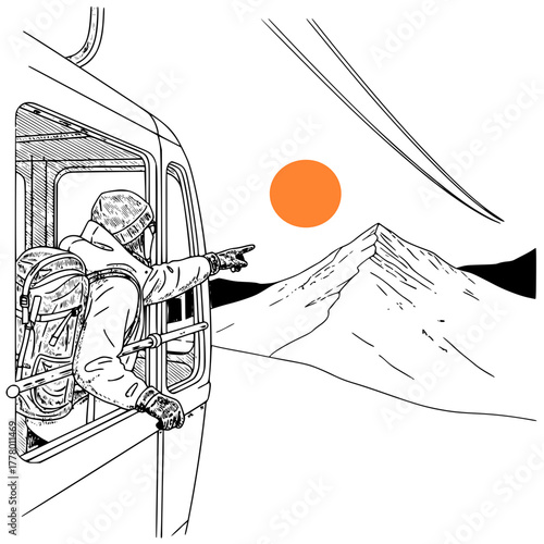 Skier pointing from chairlift towards mountain peak at sunset - cable car in blizzard vector